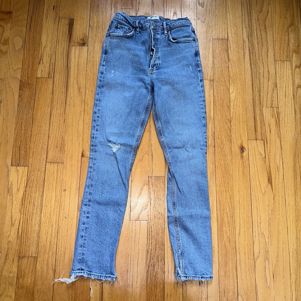 Agolde High Rise Jeans Nico Raw Hem Slim Straight Blue Distressed Button Fly 24